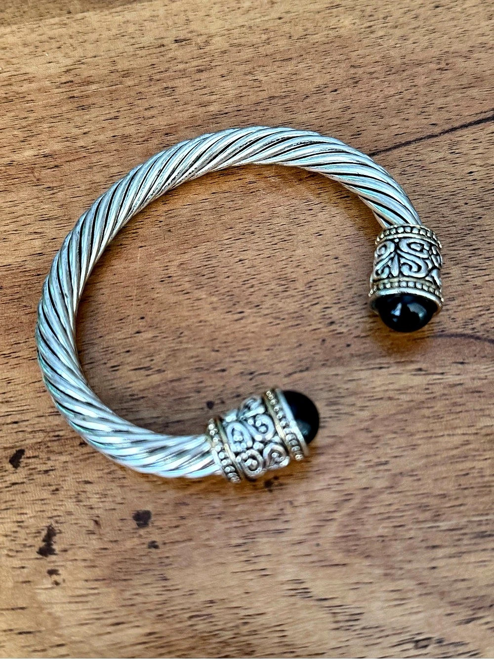 Vintage Two Tone Cable Cuff Bracelet Scrollwork Black Cabochon End Caps 60g